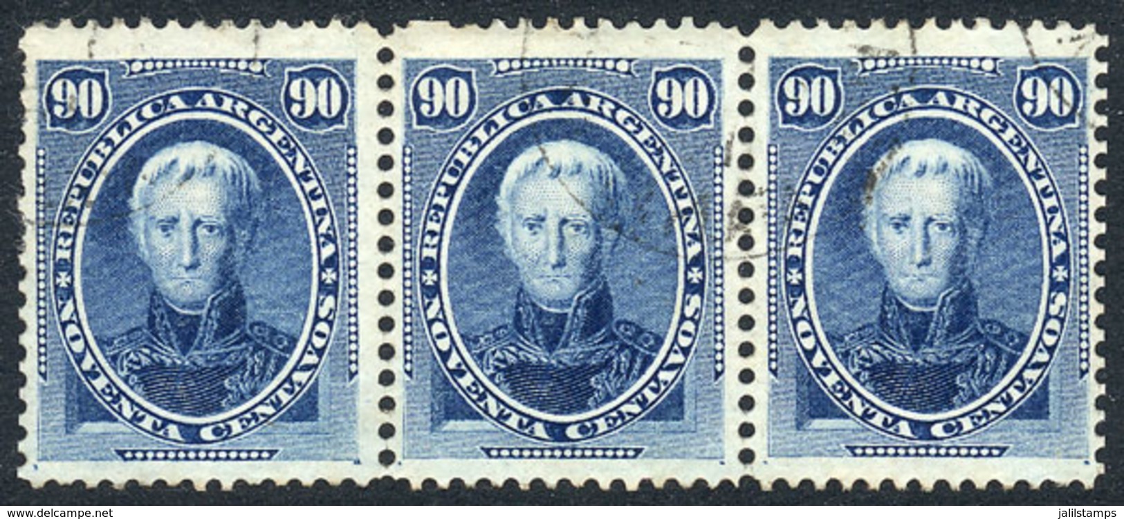ARGENTINA: GJ.44, 90c. Saavedra, Strip Of 3 With Double-circle Cancel Of PARANÁ, Excellent Quality! - Sonstige & Ohne Zuordnung