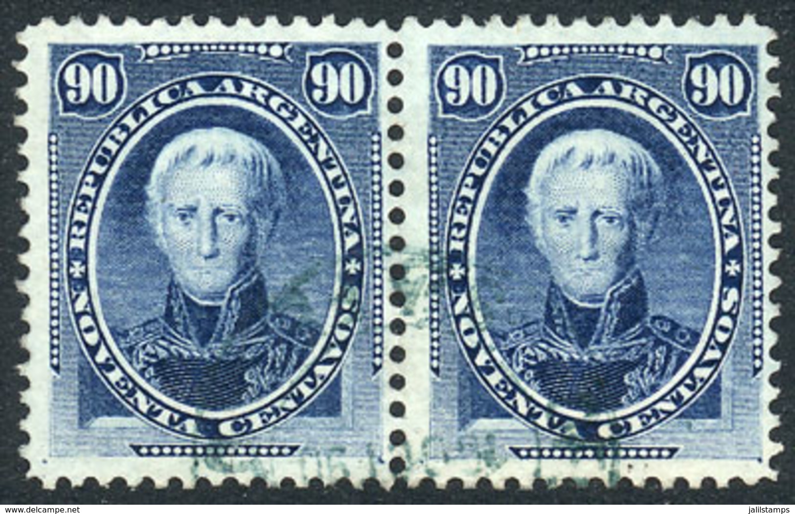 ARGENTINA: GJ.44, 90c. Saavedra Pair With Unidentified Circular Datestamp In Blue, VF! - Autres & Non Classés