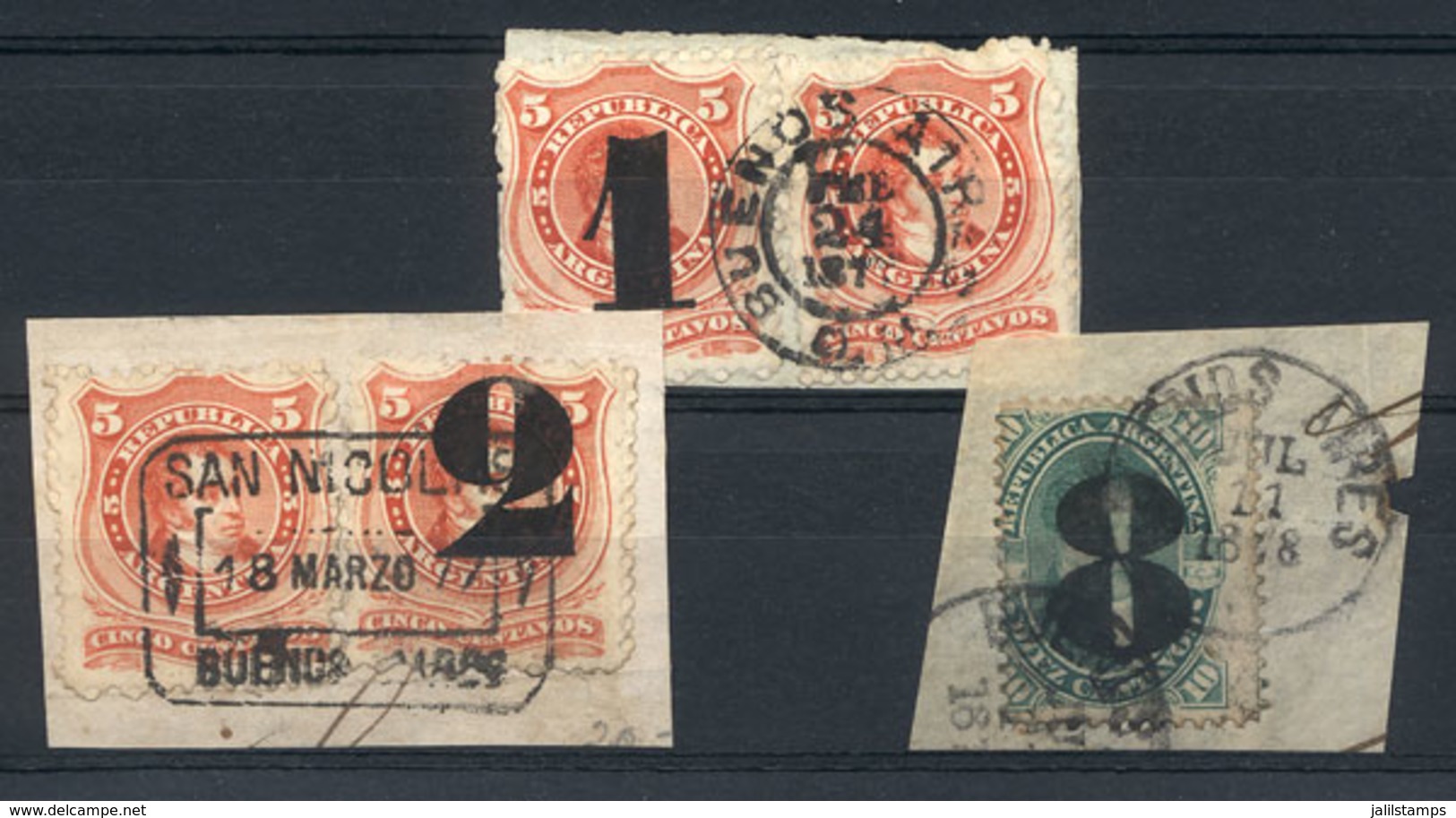 ARGENTINA: GJ.45/47, 1877 Surcharged, Complete Set Of 3 Values In 3 Fragments With Various Postmarks, VF Quality! - Autres & Non Classés