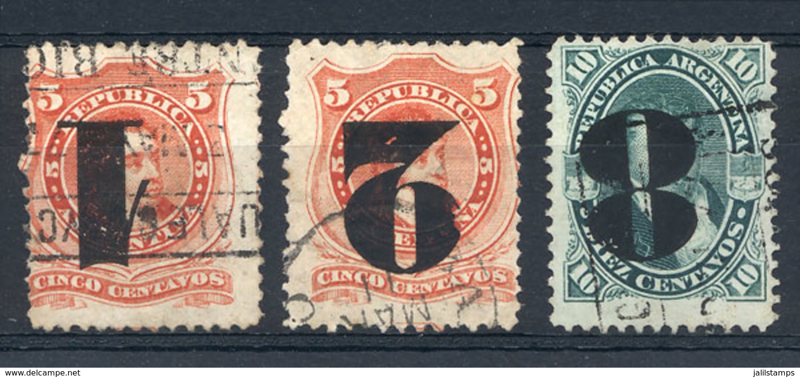 ARGENTINA: GJ.45a + 46a + 47a, 1877 Provisionals, Complete Set Of 3 Values With INVERTED SURCHARGE, Excellent Quality, R - Other & Unclassified