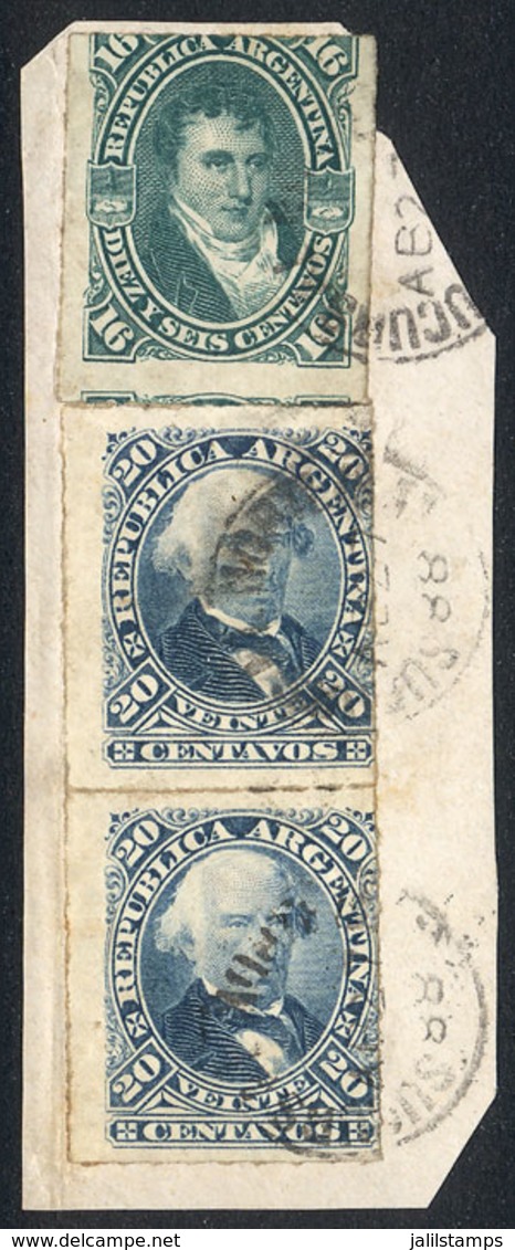 ARGENTINA: GJ.50 + 51 Pair (16c. + 20c. Rouletted), On Fragment With B.Aires Cancel, Excellent Quality, Rare Franking - Other & Unclassified
