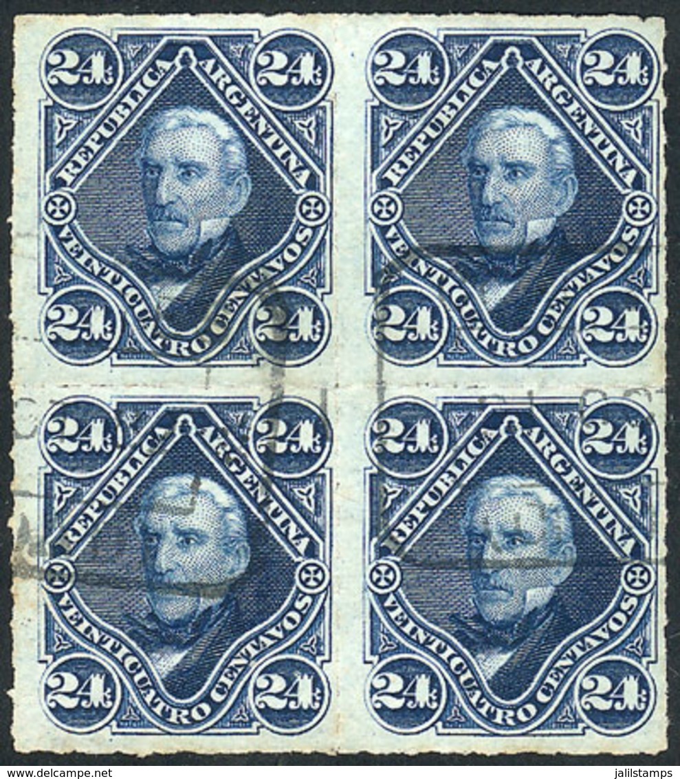ARGENTINA: GJ.52, 1876 San Martín 24c. Rouletted, Block Of 4 Postally Used, Excellent Quality, Rare! - Other & Unclassified