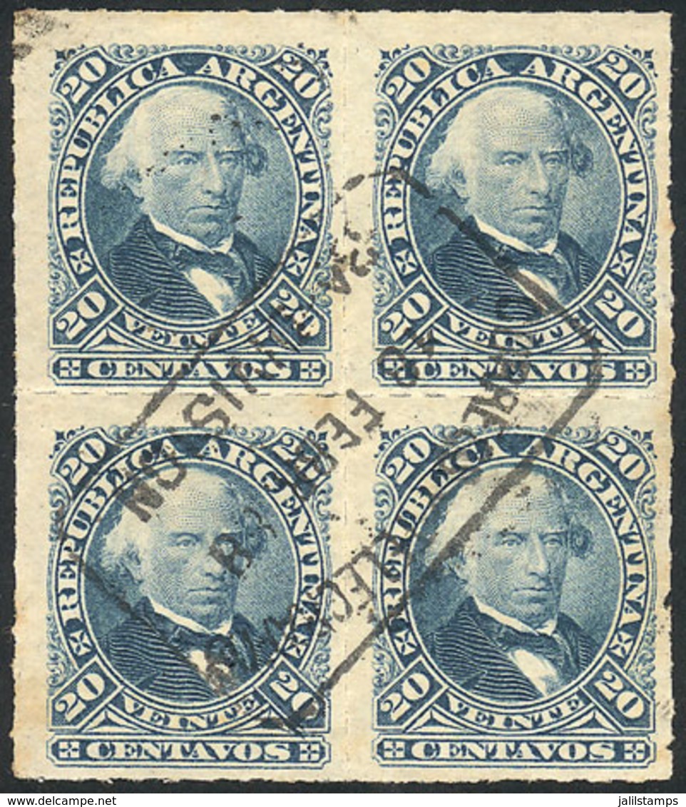 ARGENTINA: GJ.52, 1876 20c. V.Sarsfield Rouletted, Block Of 4 With Expedicion Cancel, VF Quality! - Other & Unclassified