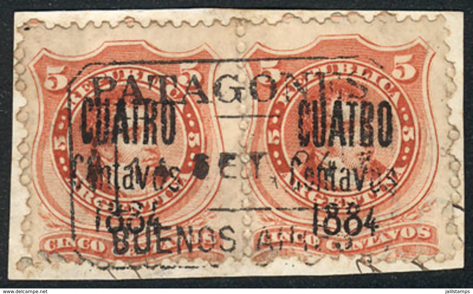 ARGENTINA: GJ.76, Pair On Fragment With Rectangular Datestamp Of PATAGONES, VF! - Autres & Non Classés