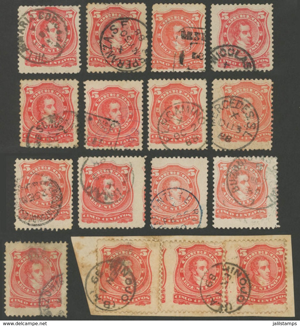 ARGENTINA: GJ.84, 13 Stamps With Interesting Cancels + Fragment With 3 Examples, 2 With Shifted Perforation, VF! - Other & Unclassified