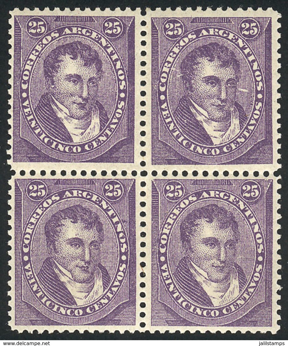 ARGENTINA: GJ.90, 1888 25c. Belgrano, Superb Block Of 4 (top Stamps Very Lightly Hinged And Lower Stamps MNH, +100%), Ca - Autres & Non Classés