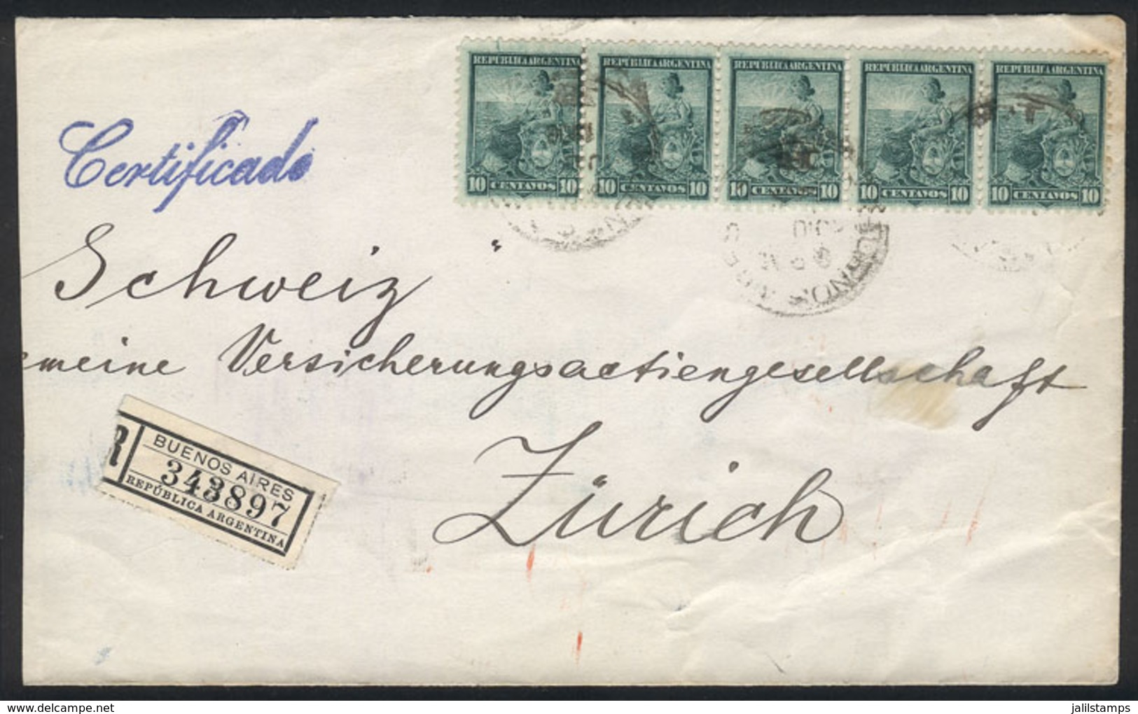 ARGENTINA: Registered Cover Sent To Switzerland With Spectacular 50c. Postage (GJ.224 Strip Of 5, 10c. Seated Liberty),  - Sonstige & Ohne Zuordnung