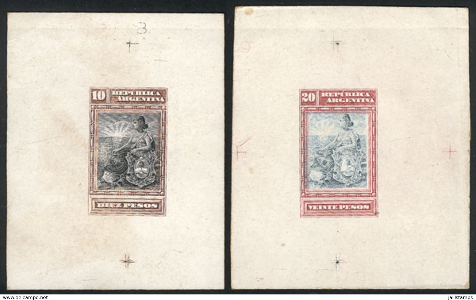ARGENTINA: GJ.237/238, 1899 10P. And 20P. Seated Liberty, DIE PROOFS Printed On Cards With Glazed Front, In Unissued Col - Sonstige & Ohne Zuordnung