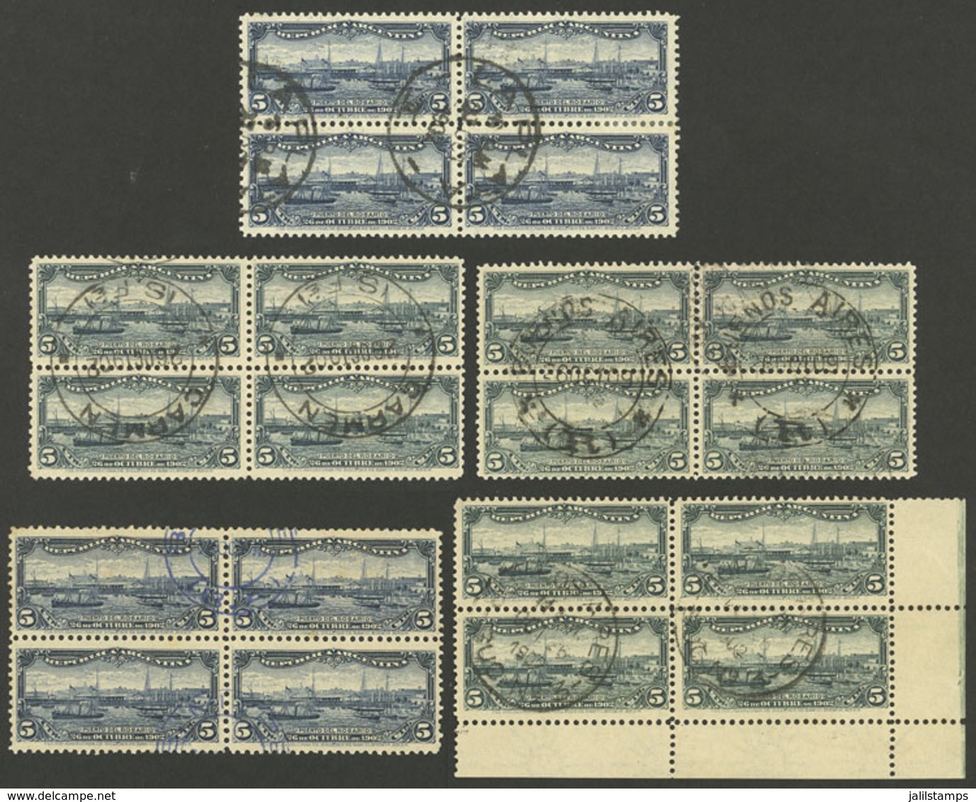 ARGENTINA: GJ.273, 5 Blocks Of 4 With Different Cancels (B. Mitre, La Plata, Carmen, Etc.), All Of First Day Of Issue, V - Other & Unclassified