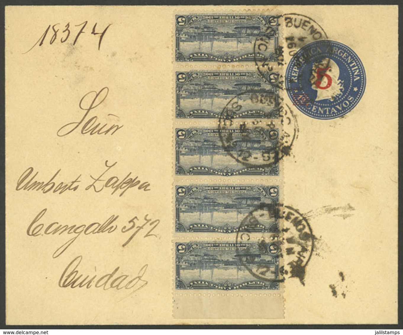 ARGENTINA: Provisional 5c. Stationery Envelope + GJ.273 (Port Of Rosario) In Strip Of 5, Used In Buenos Aires On 26/OC/1 - Autres & Non Classés