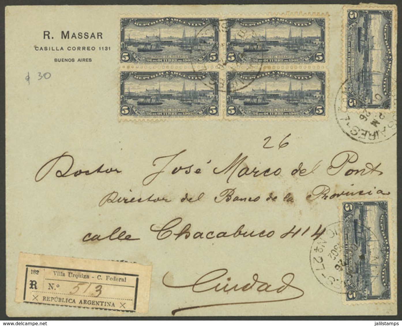 ARGENTINA: Registered Cover Used In Buenos Aires And Dispatched At Sucursal VILLA URQUIZA, Franked With 6 Examples Of GJ - Sonstige & Ohne Zuordnung