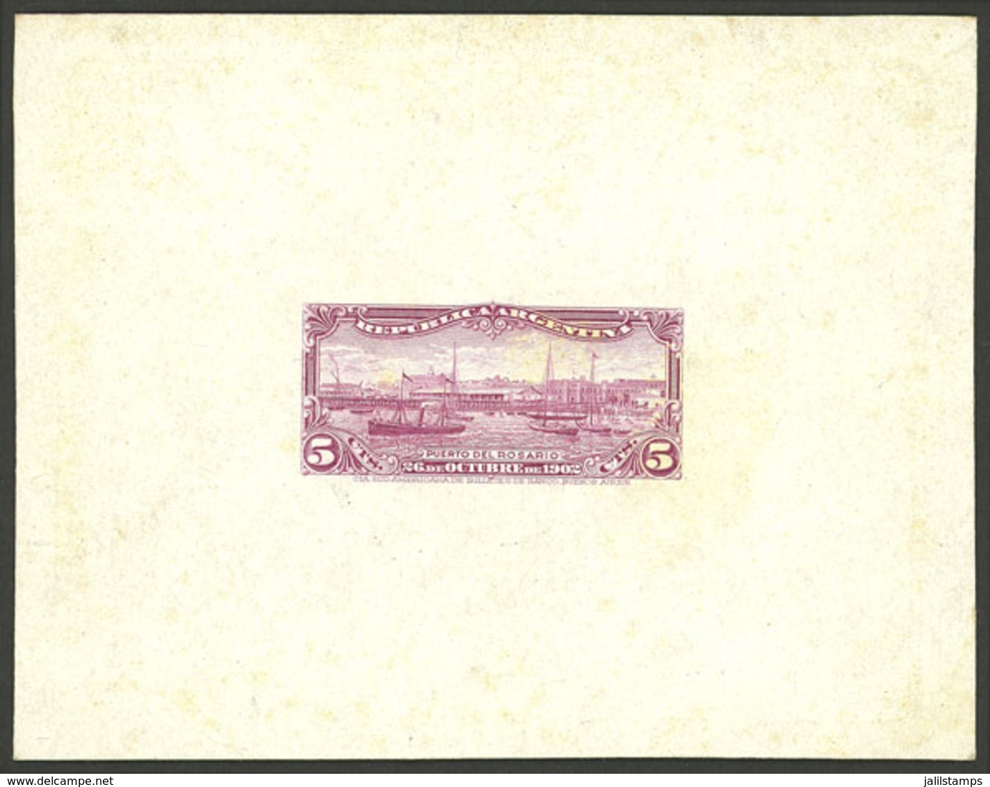 ARGENTINA: GJ.273, 1902 Port Of Rosario (ships, Sailing Boats, Dock), DIE PROOF In Red-lilac, Printed On Card Of Glazed  - Autres & Non Classés