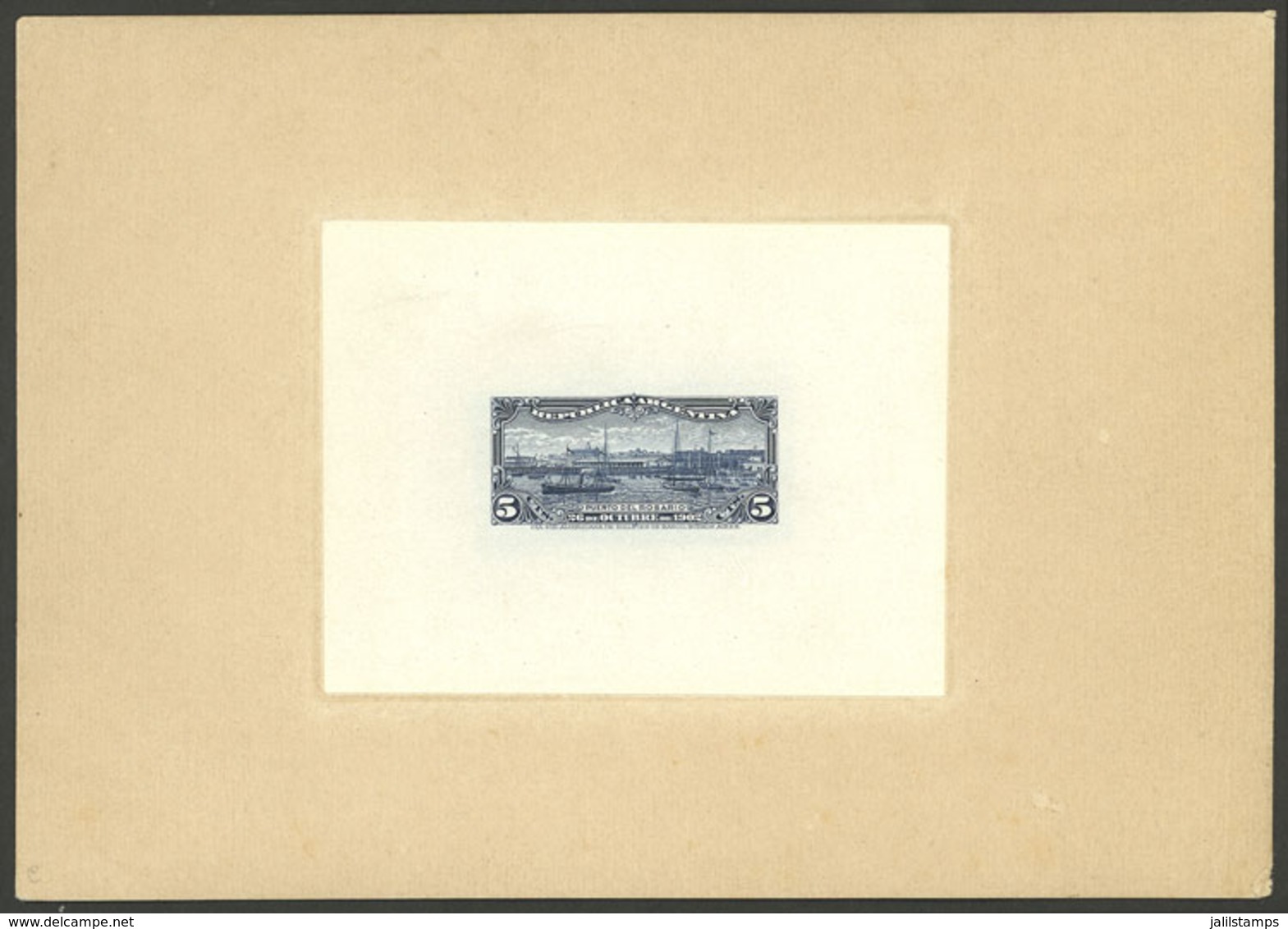 ARGENTINA: GJ.273, 1902 Port Of Rosario (ships, Sailing Boats, Dock), DIE PROOF In Indigo Blue, Printed On Glazed Paper  - Sonstige & Ohne Zuordnung