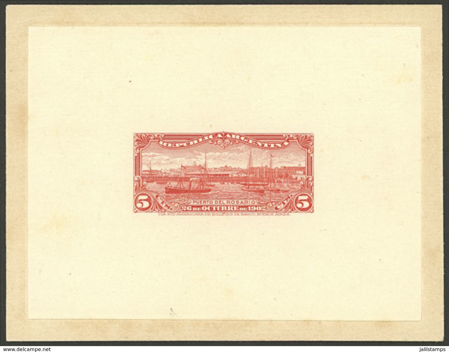 ARGENTINA: GJ.273, 1902 Port Of Rosario (ships, Sailing Boats, Dock), DIE PROOF In Bright Red, Printed On Unsurfaced Pap - Autres & Non Classés