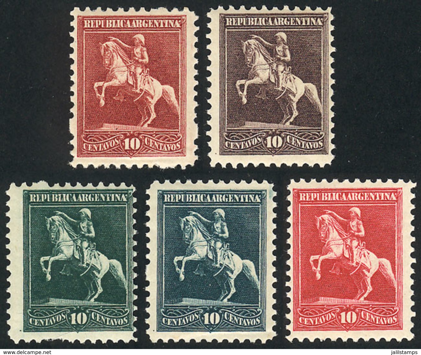 ARGENTINA: Circa 1910, 5 Essays On An Unadopted Design, 10c. San Martin On Horse, Perforated And Gummed, MNH, Superb! - Other & Unclassified