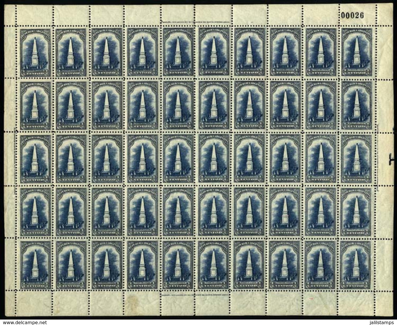 ARGENTINA: GJ.300, 1910 ½c. May Pyramid, Complete Sheet Of 50 Stamps NOT Including The Double Impression Of The Center V - Other & Unclassified