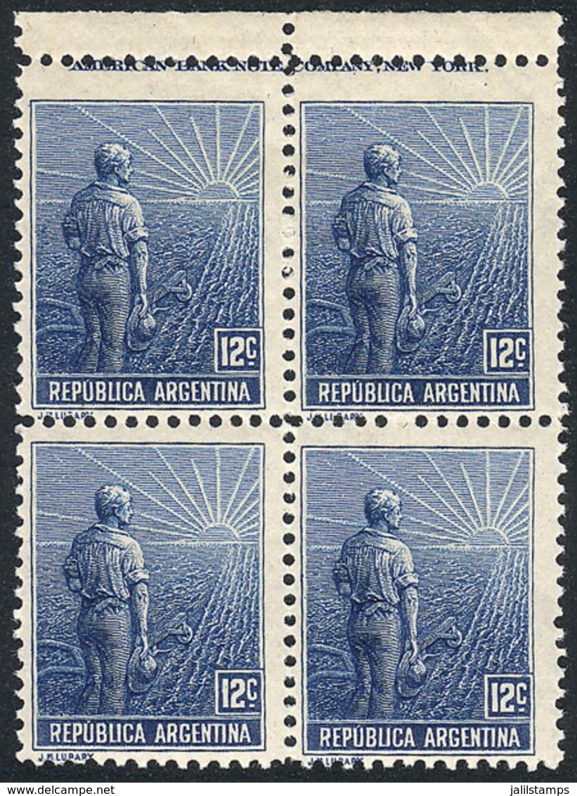 ARGENTINA: GJ.318, 1922 Plowman 12c. Unmounted Block Of 4 With Sheet Margin At Top And Printer Imprint, Excellent Qualit - Other & Unclassified