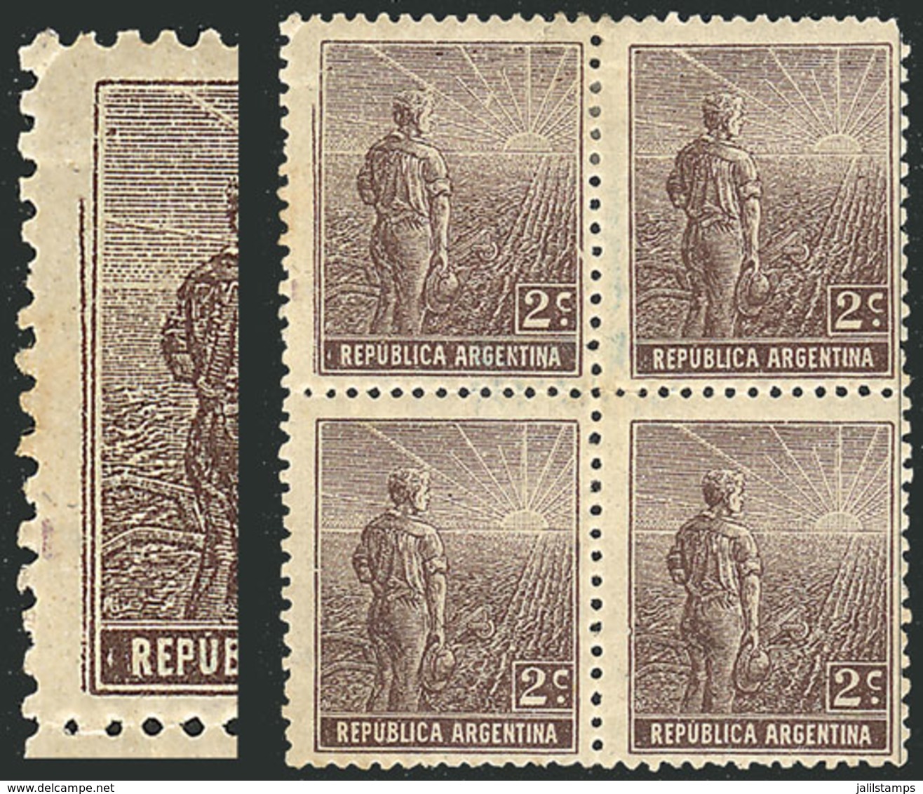 ARGENTINA: GJ.321, 1911 Plowman 2c., Block Of 4, Top Left Stamp With Very Notable DOUBLE FRAME LINE, Excellent Quality A - Sonstige & Ohne Zuordnung