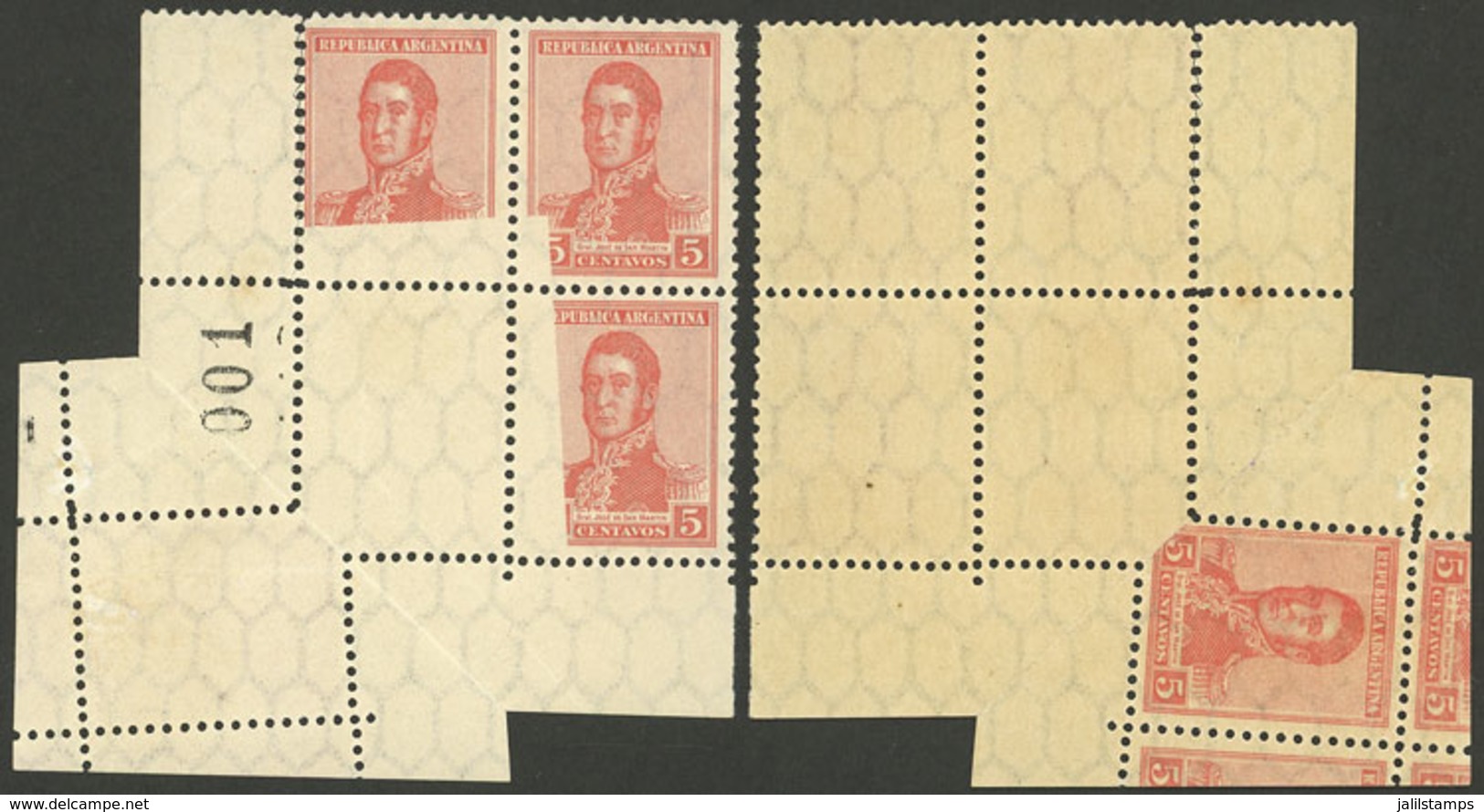 ARGENTINA: GJ.428, 1917 5c. San Martín With Honeycomb Wmk, Fantastic Block Of 4 With Numbered Sheet Corner, One Stamp (a - Autres & Non Classés