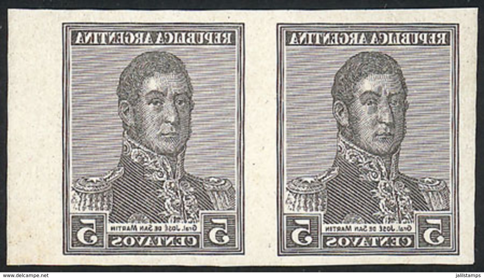 ARGENTINA: GJ.428, 1917 5c. San Martín, PROOF In Negative, Imperforate Pair Printed In Black On Glazed Card, VF Quality! - Sonstige & Ohne Zuordnung