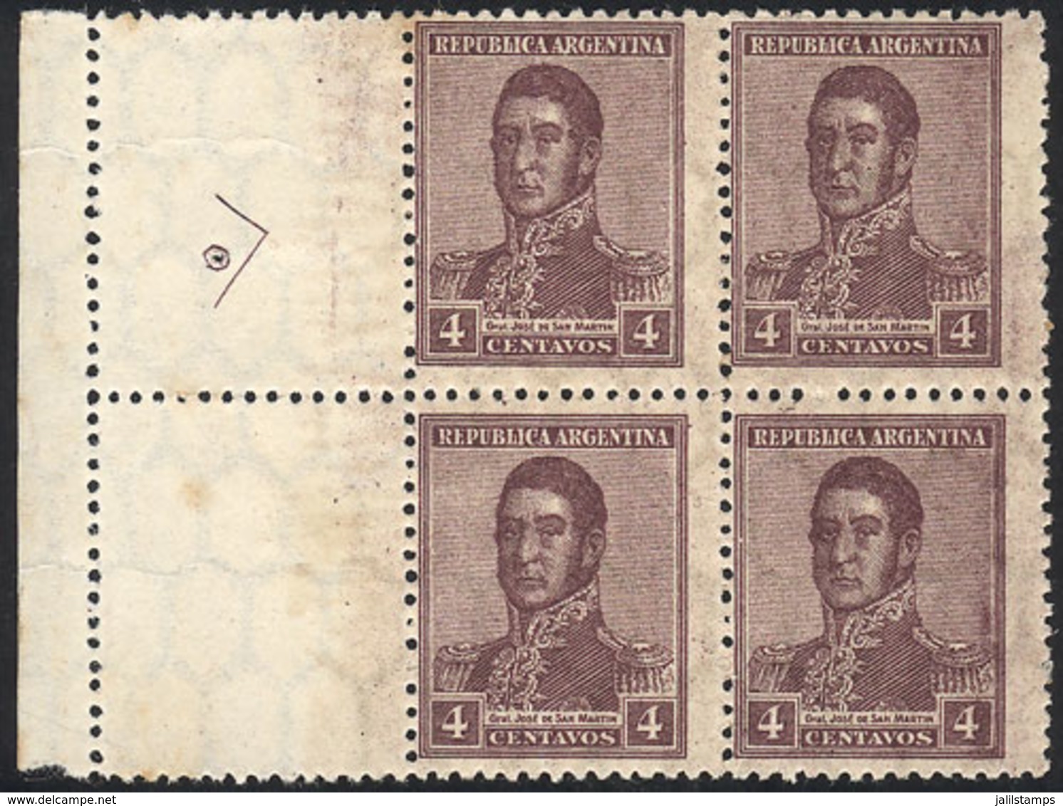 ARGENTINA: GJ.434CZ, 1917 4c. San Martín, Block Of 4 WITH LABELS AT LEFT (uncatalogued Variety!), MNH, Excellent, Rare! - Autres & Non Classés