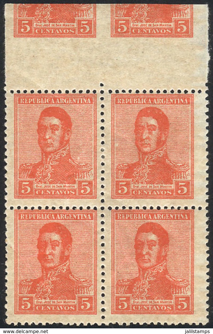 ARGENTINA: GJ.462, Block Of 4 With Sheet Margin At Top With Partial Impression Of 2 Other Stamps, MNH, VF - Otros & Sin Clasificación