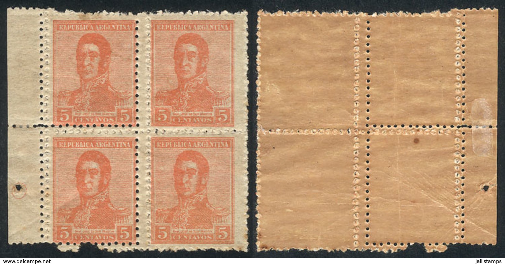 ARGENTINA: GJ.462, Block Of 4 With DOUBLE PERFORATION Variety, Minor Defect On Gum, Very Attractive! - Other & Unclassified