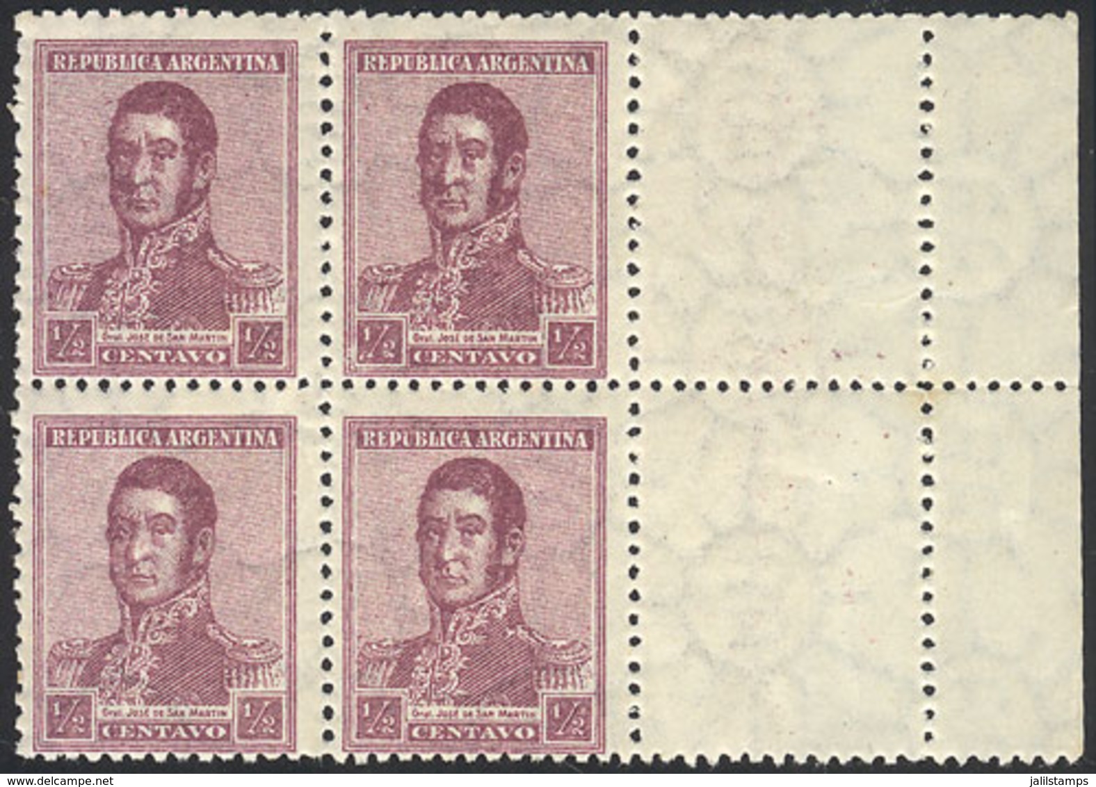 ARGENTINA: GJ.543CD, 1922 ½c. San Martín With Large Sun Wmk, Block Of 4 WITH LABELS AT RIGHT, MNH (+50%), Excellent! - Sonstige & Ohne Zuordnung
