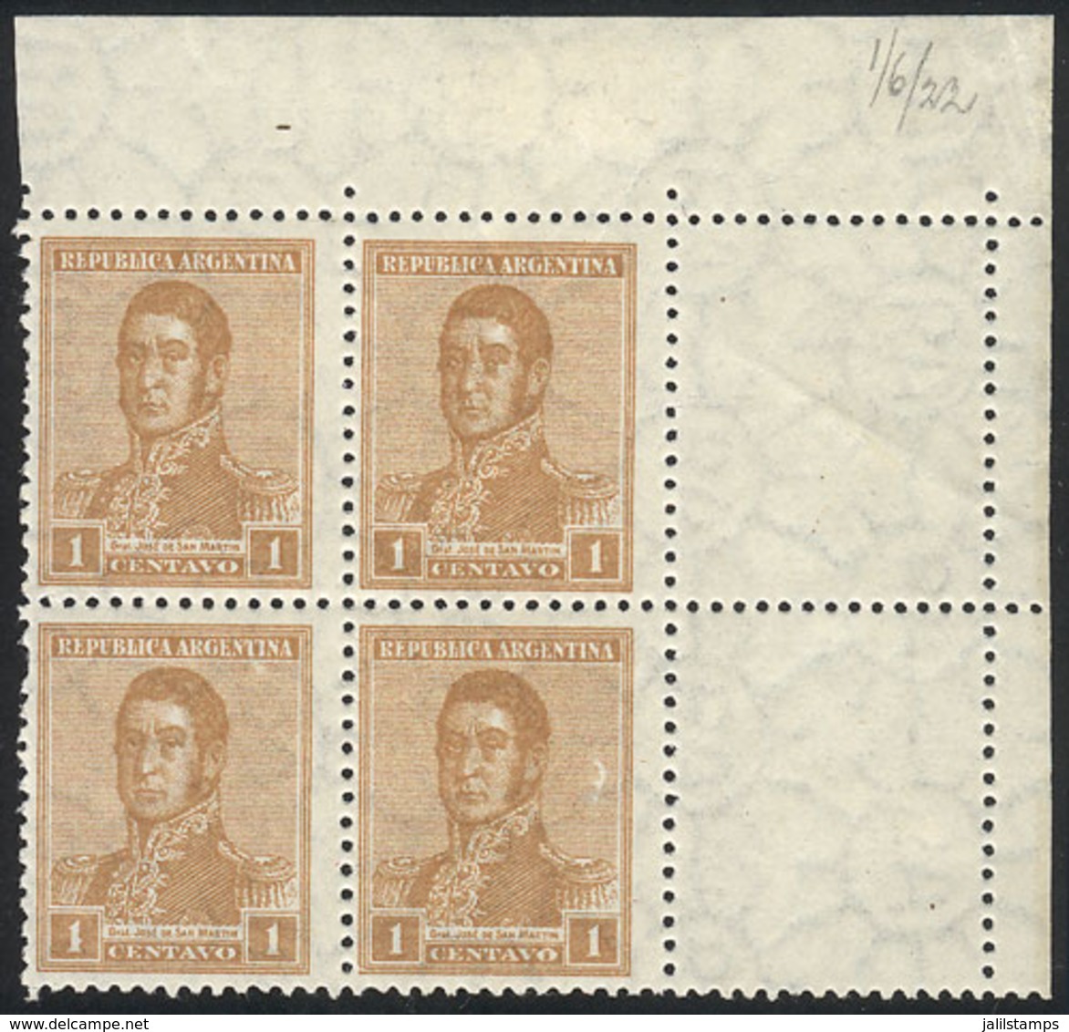 ARGENTINA: GJ.544CD, 1922 1c. San Martín With Large Sun Wmk, Block Of 4 With LABELS AT RIGHT, MNH (+50%), Excellent! - Sonstige & Ohne Zuordnung