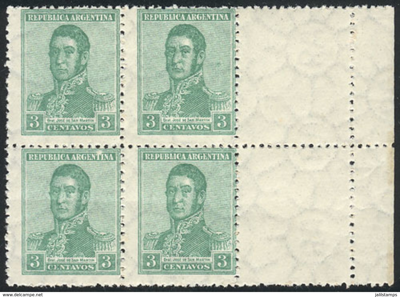 ARGENTINA: GJ.546CD, 1922 3c. San Martín With Large Sun Wmk, Block Of 4 With LABELS AT RIGHT, MNH (+50%), Excellent! - Other & Unclassified