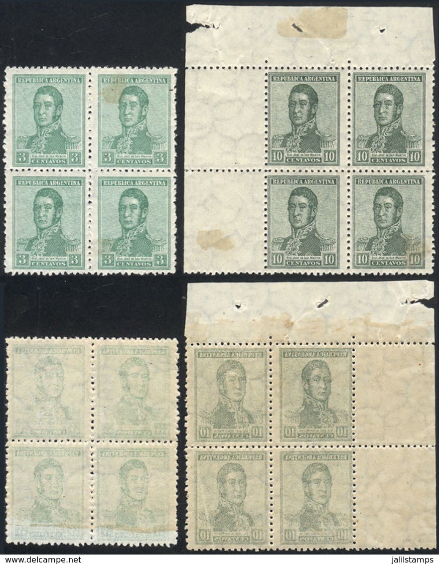 ARGENTINA: GJ.546 + 548, In Blocks Of 4 With Variety: OFFSET IMPRESSION On Back, VF Quality! - Other & Unclassified