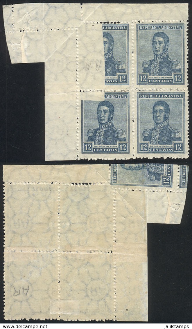 ARGENTINA: GJ.555, Corner Block Of 4 With VARIETY: 2 Stamps Partially Unprinted, And With That Part Of The Stamp PRINTED - Autres & Non Classés