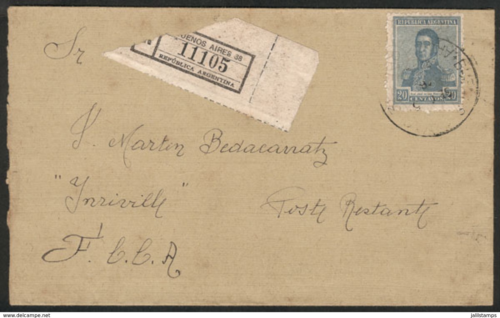 ARGENTINA: GJ.561, 20c. San Martín With Watermark Printed On Front, Franking ALONE A Cover Sent From Buenos Aires To Inr - Sonstige & Ohne Zuordnung