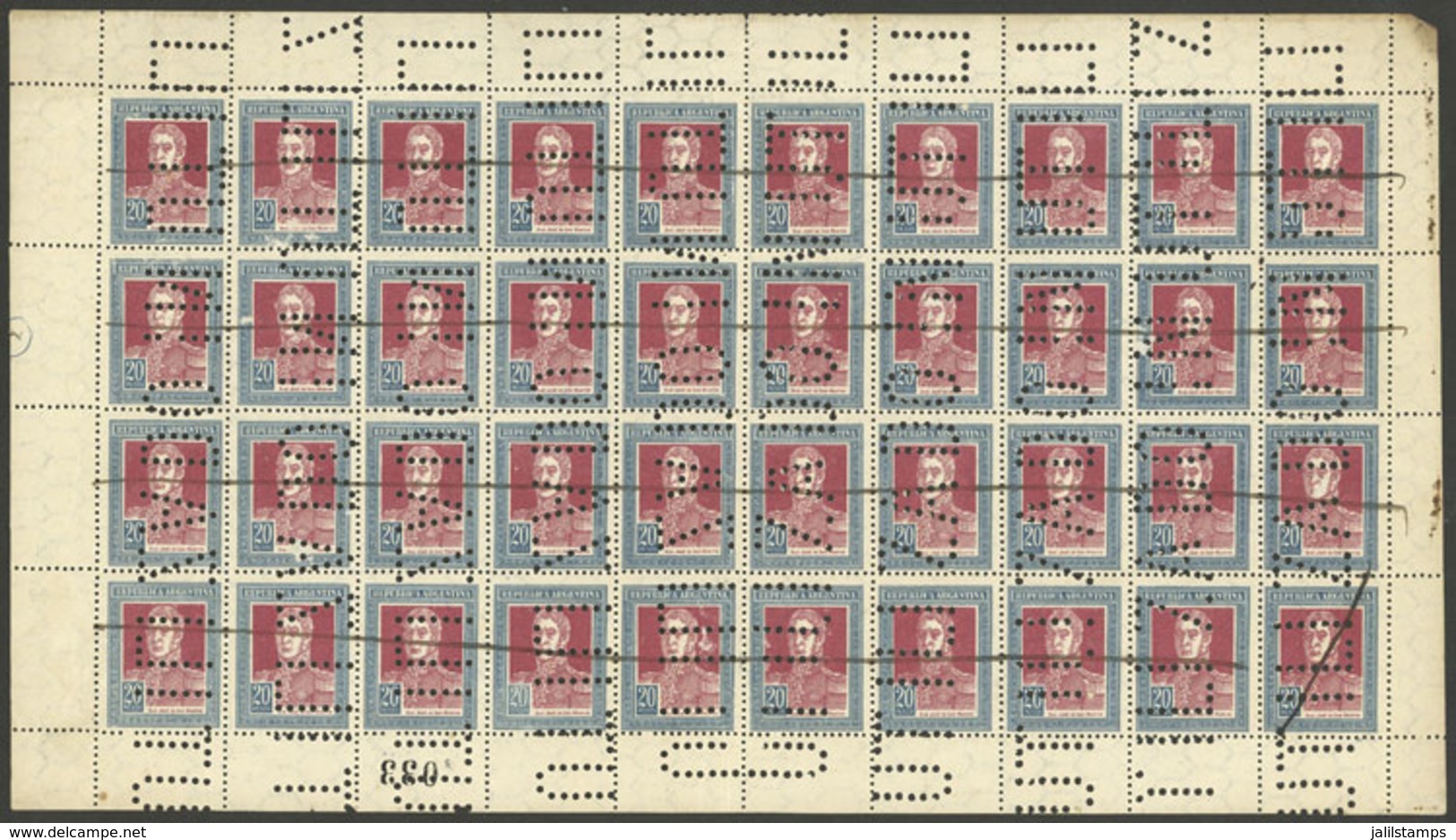 ARGENTINA: GJ.593, Complete Sheet Of 40 Stamps With Bulk Mail Cancellation, VF Quality - Autres & Non Classés