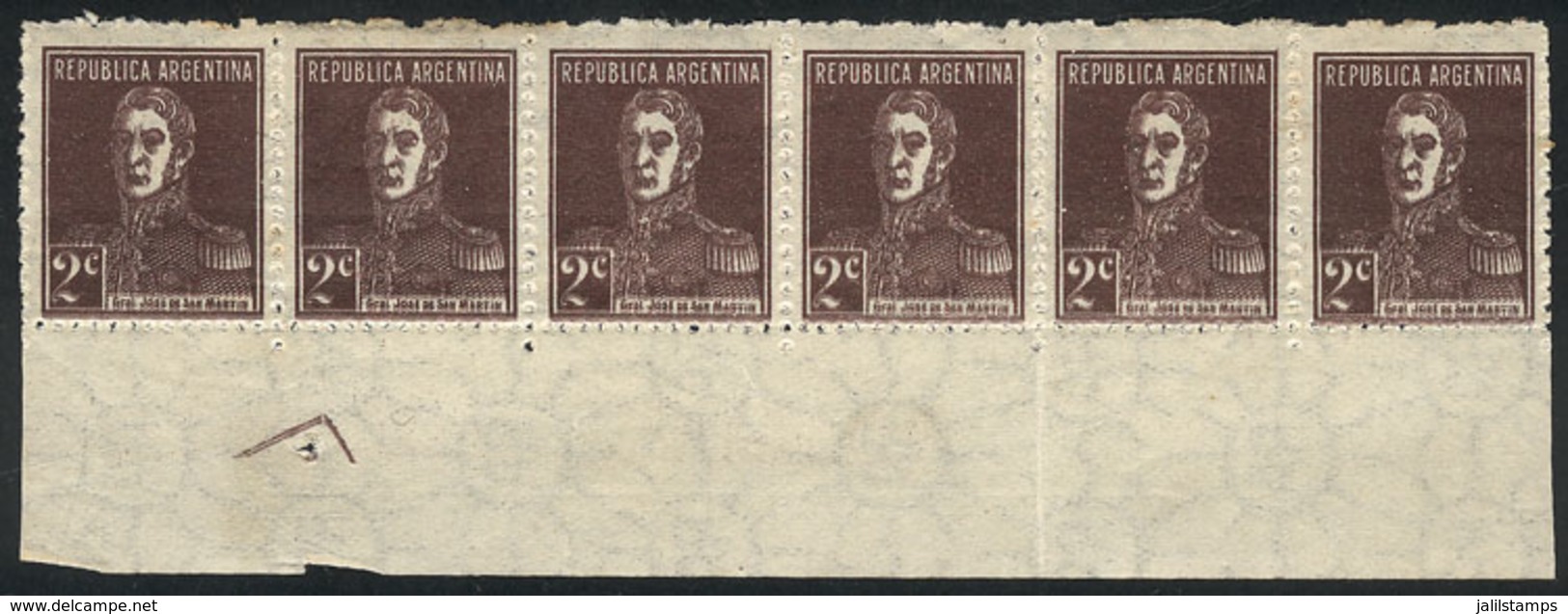 ARGENTINA: GJ.596a, 2c. San Martín With Period, Strip Of 6 With Very Notable And Spectacular DOUBLE IMPRESSION Var., Rar - Sonstige & Ohne Zuordnung
