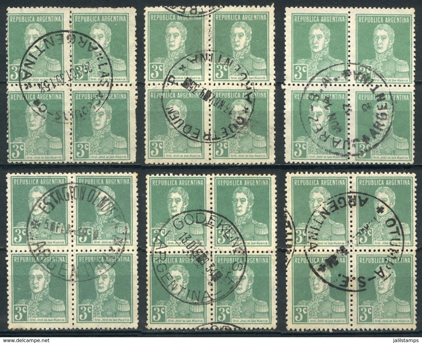 ARGENTINA: GJ.597, 35 Used Blocks Of 4 With Varied Postmarks, Including Some Very Interesting And Scarce, For Example: O - Sonstige & Ohne Zuordnung