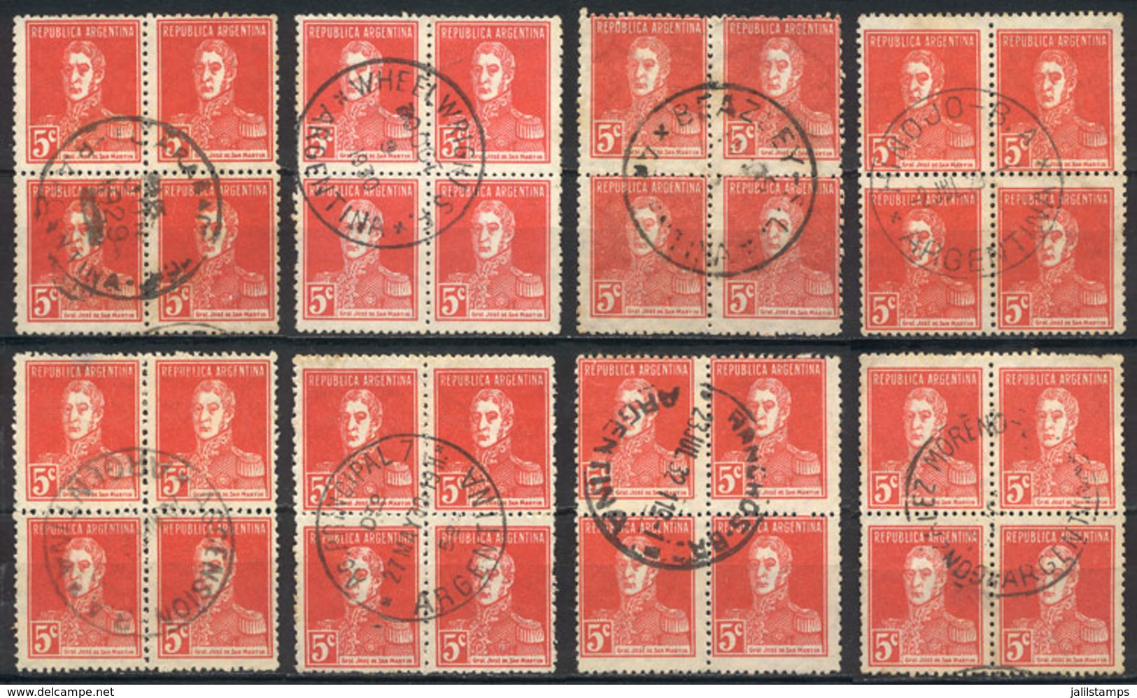 ARGENTINA: GJ.597, 51 Used Blocks Of 4 With Varied Postmarks, Including Some Very Interesting And Scarce, For Example: E - Sonstige & Ohne Zuordnung