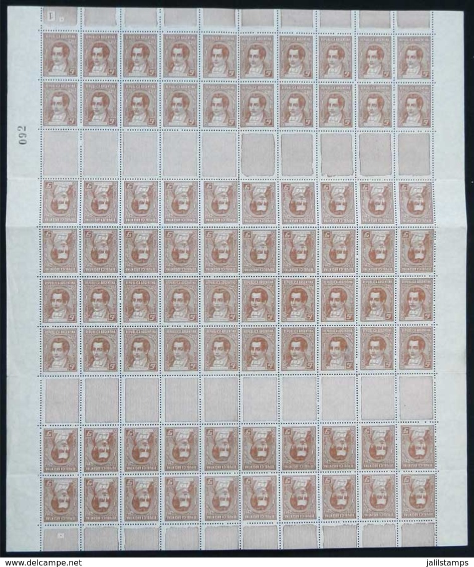 ARGENTINA: GJ.795, Moreno 5c. Unsurfaced Paper, Complete Sheet Of 80 Stamps, Including 20 Tete-beche Pairs With Horizont - Other & Unclassified