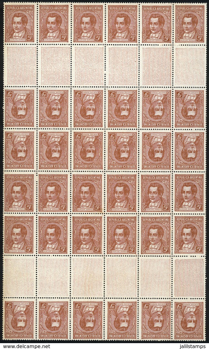 ARGENTINA: GJ.800T + 800TH, 5c. Moreno, Typographed, Chalky Paper, Block Of 36 Stamps That Includes 6 Tete-beche And 12  - Autres & Non Classés
