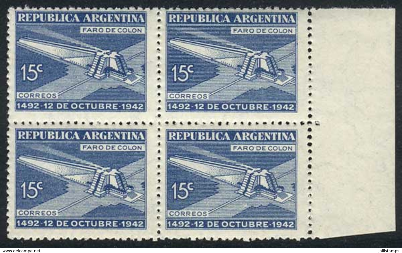 ARGENTINA: GJ.867, 1942 Columbus Lighthouse, Discovery Of America 450 Years, Watermark SUN WITH WAVY RAYS, Marginal Bloc - Other & Unclassified
