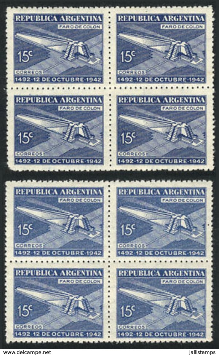 ARGENTINA: GJ.868, 1942 Columbus Lighthouse, Blocks Of 4 In Dark And Light Blue, Unmounted, Excellent Quality, Catalog V - Other & Unclassified