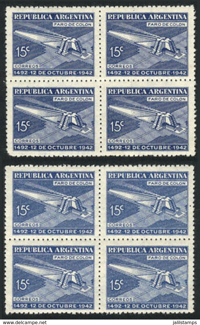 ARGENTINA: GJ.868, 1942 Columbus Lighthouse, Blocks Of 4 In Dark And Light Blue, Unmounted, Excellent Quality, Catalog V - Otros & Sin Clasificación