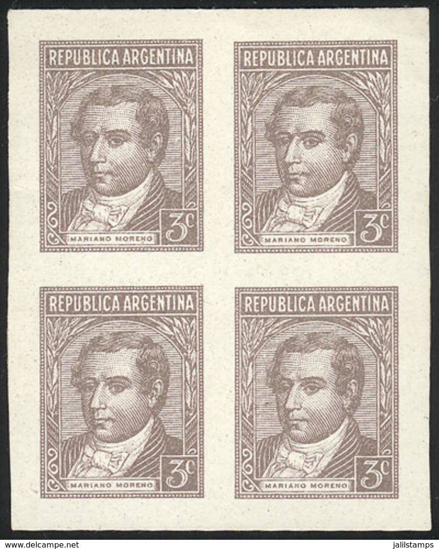 ARGENTINA: GJ.870, 1942 Moreno 3c., PROOF In The Issued Color, Imperforate Block Of 4 Printed On Paper Glazed On Both Si - Sonstige & Ohne Zuordnung