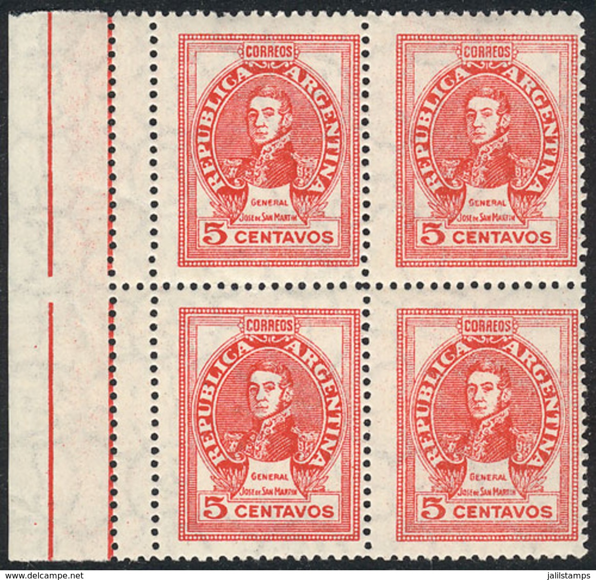 ARGENTINA: GJ.871, 5c. San Martín, Marginal Block Of 4 With DOUBLE Vertical Perforation Creating 2 Small Labels At Left, - Sonstige & Ohne Zuordnung