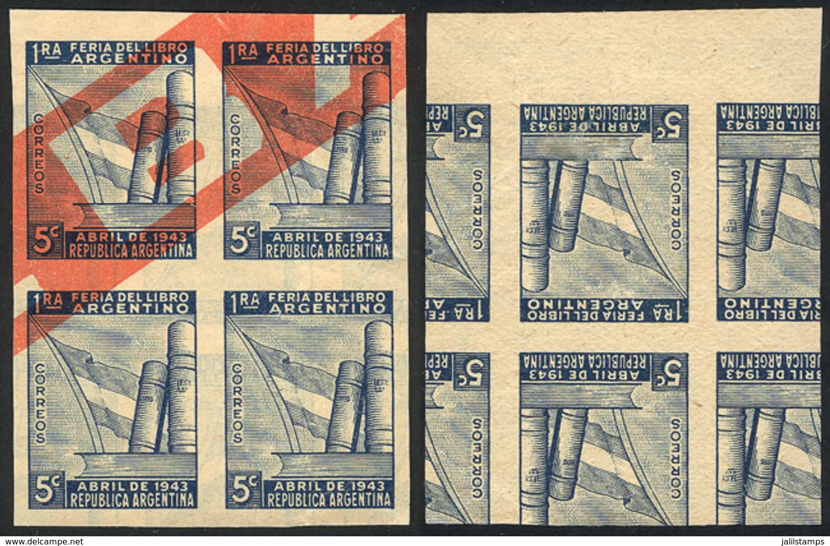 ARGENTINA: GJ.895, 1943 Book Fair, PROOF In The Issued Color, Block Of 4 Printed On Both Sides Of Paper For Specimens, S - Sonstige & Ohne Zuordnung