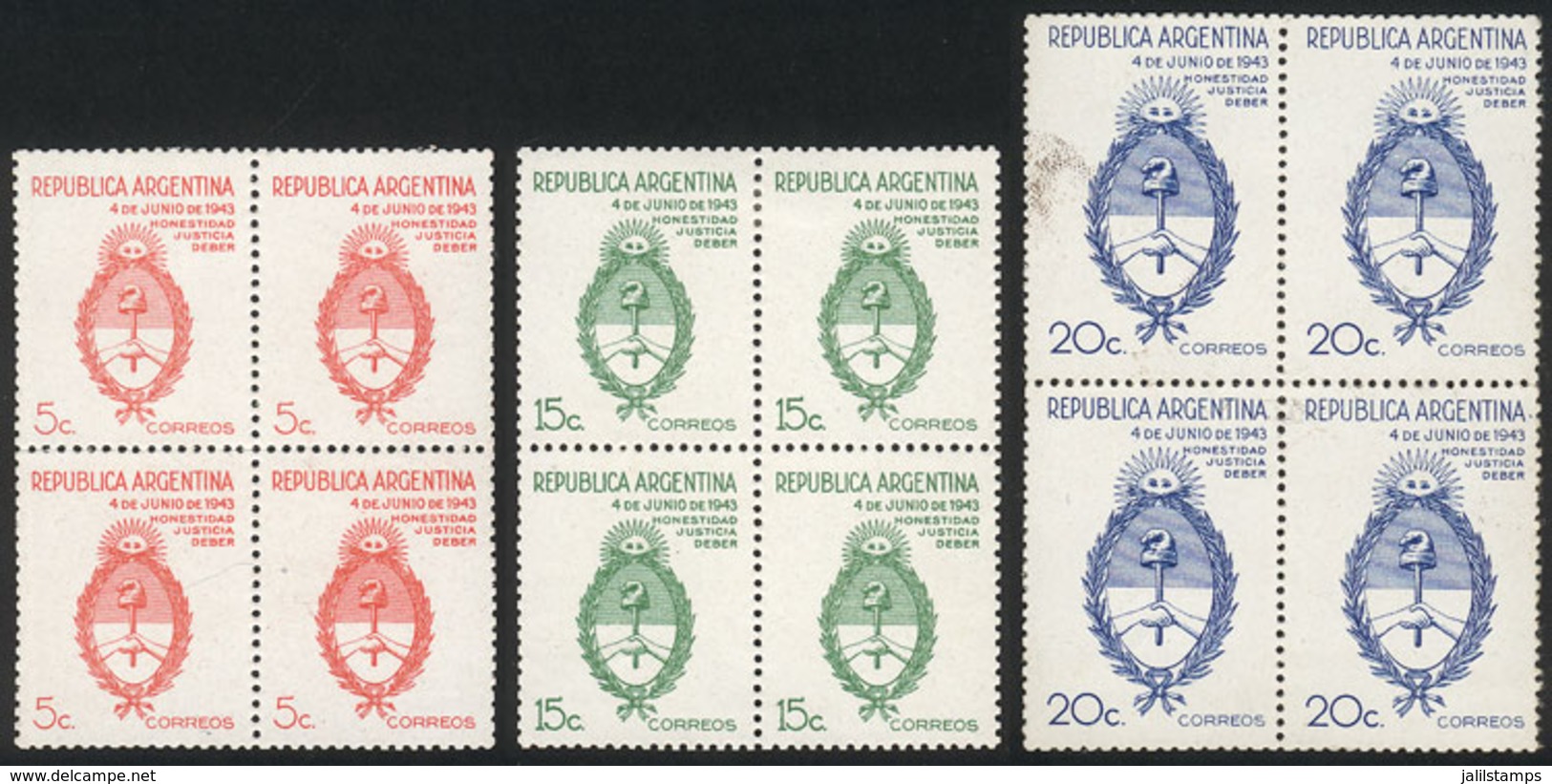 ARGENTINA: GJ.896/898, 1943 Coat Of Arms, Complete Set Of 3 Values, PROOFS In The Issued Colors, Perforated Blocks Of 4  - Other & Unclassified