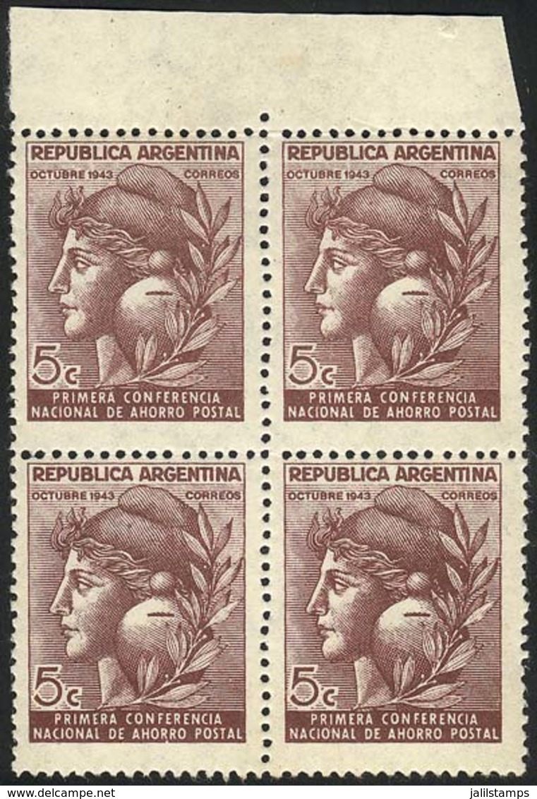 ARGENTINA: GJ.904, 1943 Conference Of Postal Savings, STRAIGHT RAYS Watermark, Beautiful Marginal Block Of 4, MNH, VF Qu - Other & Unclassified