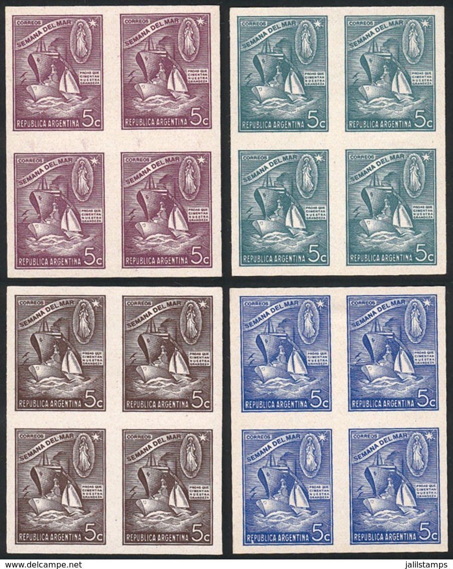 ARGENTINA: GJ.911, 1944 Sea Week, 4 Different Trial Color PROOFS, Imperforate Blocks Of 4 Printed On Paper Glazed On Bot - Autres & Non Classés