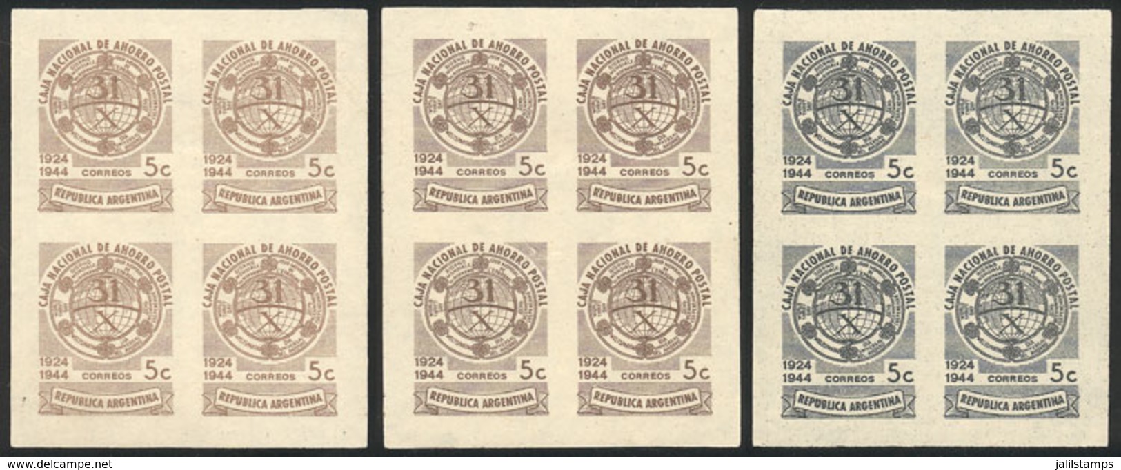 ARGENTINA: GJ.921, 1944 World Savings Day, PROOFS In 3 Different Colors, Imperforate Blocks Of 4 Printed On Special Pape - Autres & Non Classés