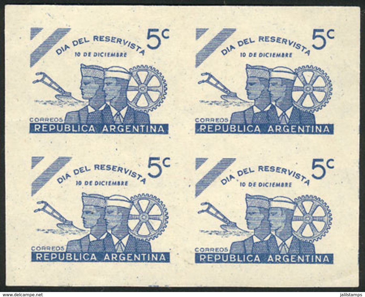 ARGENTINA: GJ.922, 1944 Reservists' Day, PROOF In The Issued Color, Imperforate Blocks Of 4 Printed On Special Paper For - Sonstige & Ohne Zuordnung